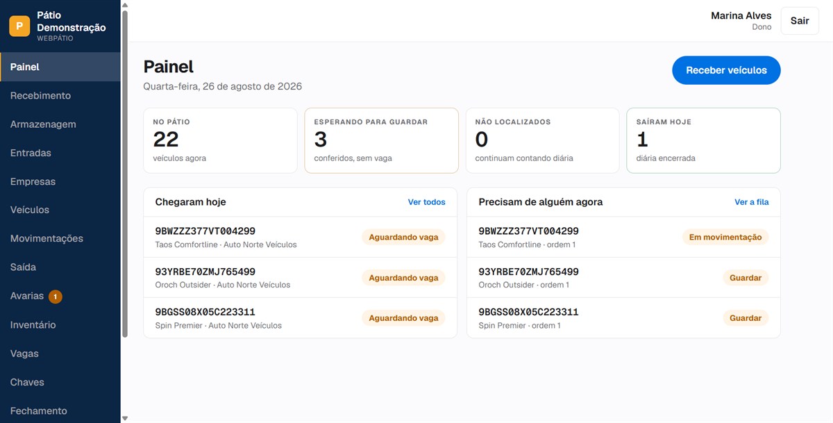 Painel do WebPátio: 22 veículos no pátio, 3 esperando para guardar, nenhum não localizado e 1 saída no dia.