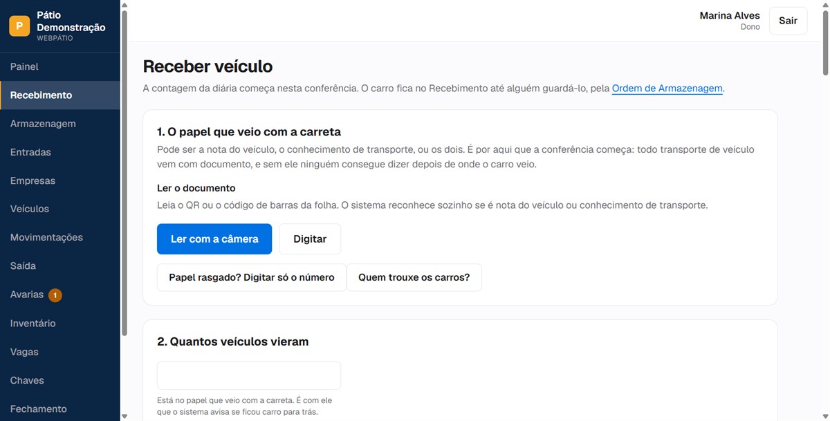Tela de recebimento: leitura do documento da carreta e conferência dos veículos.