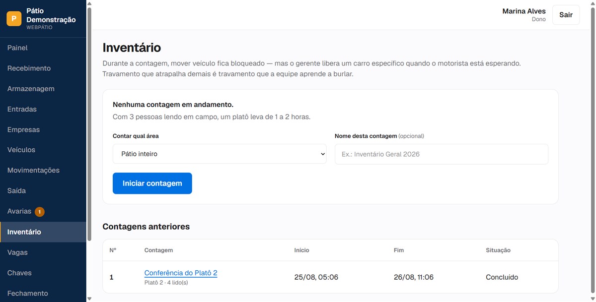 Tela de inventário com contagens anteriores e a contagem em andamento.
