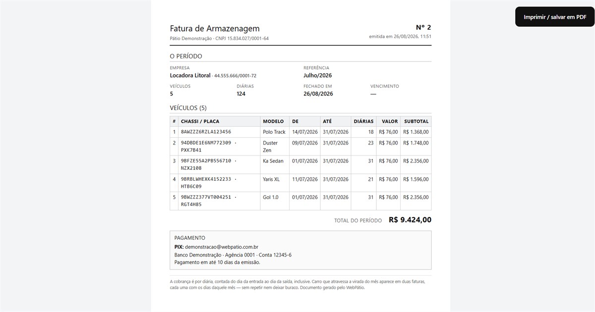 Fatura de armazenagem com os veículos, as diárias, o total e os dados de pagamento.