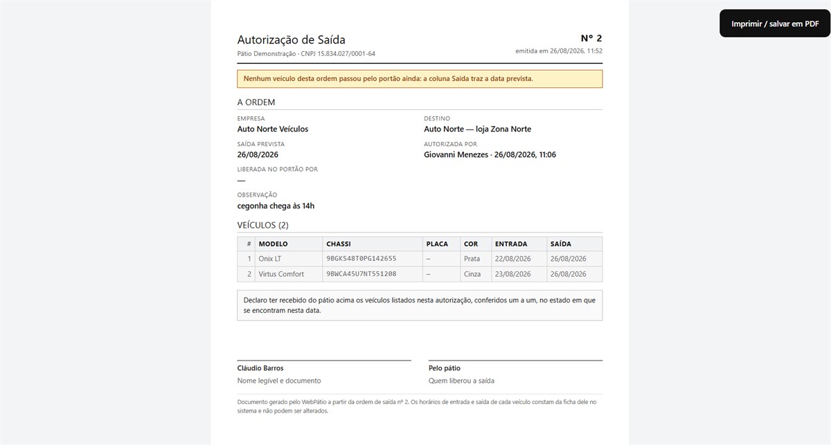 Autorização de saída impressa, com os veículos, as datas e as assinaturas.
